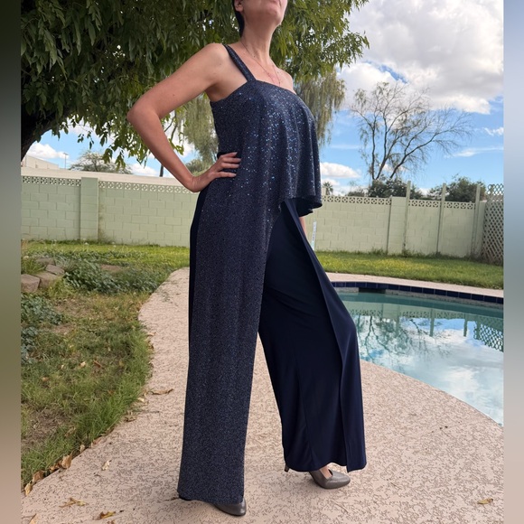 Shimmery evening jumpsuit w/ navy blue & silver overlay. Holiday party. Sz 8 NWT - Picture 2 of 15